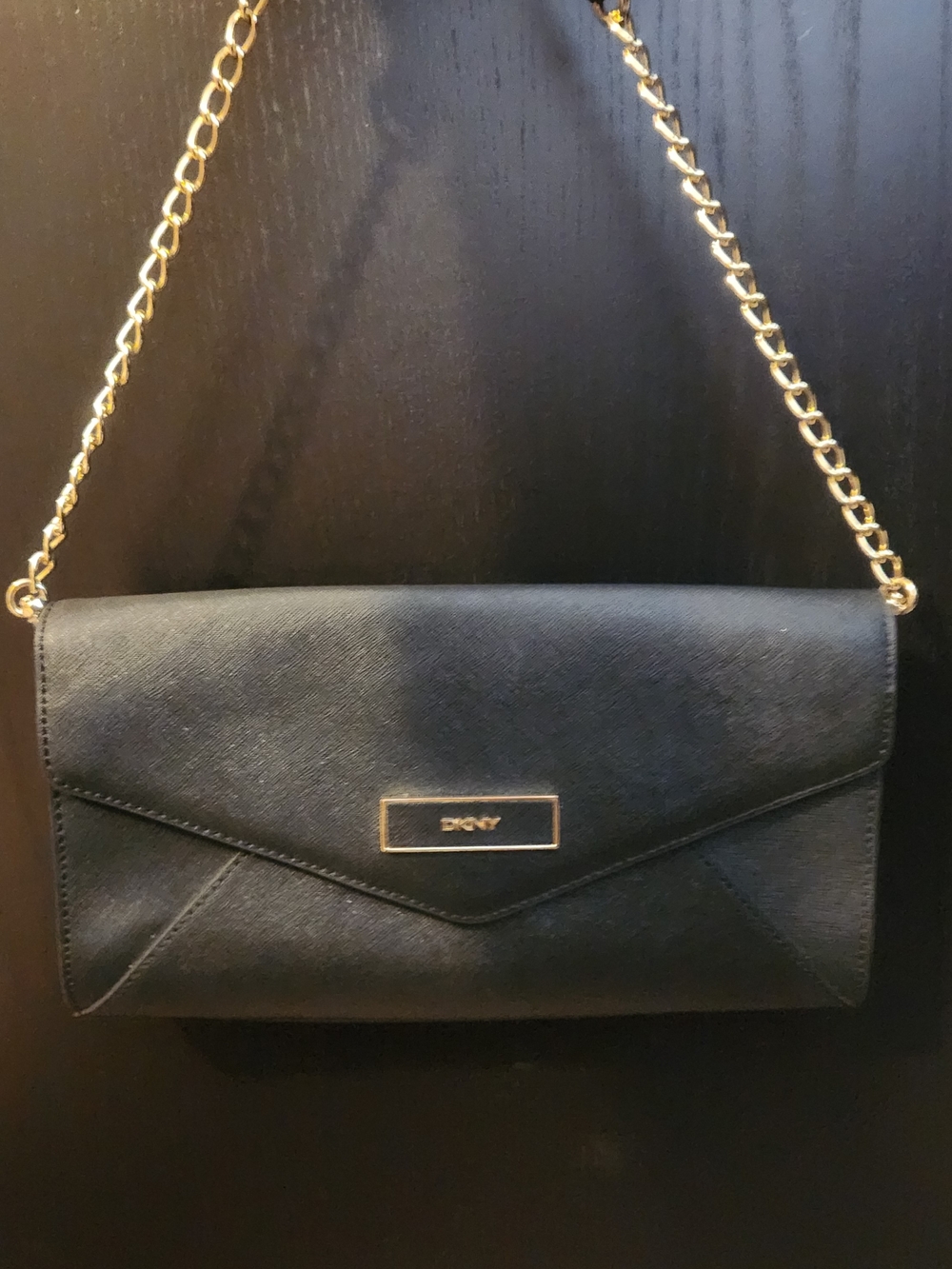 DKNY Black Envelope Clutch with Gold Chain Strap